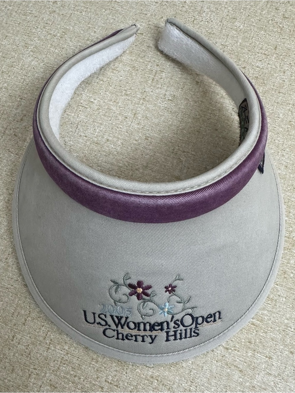 Vintage 2005 US Womens Open Cherry Hills Golf Visor Hat Tan Purple Embroidered